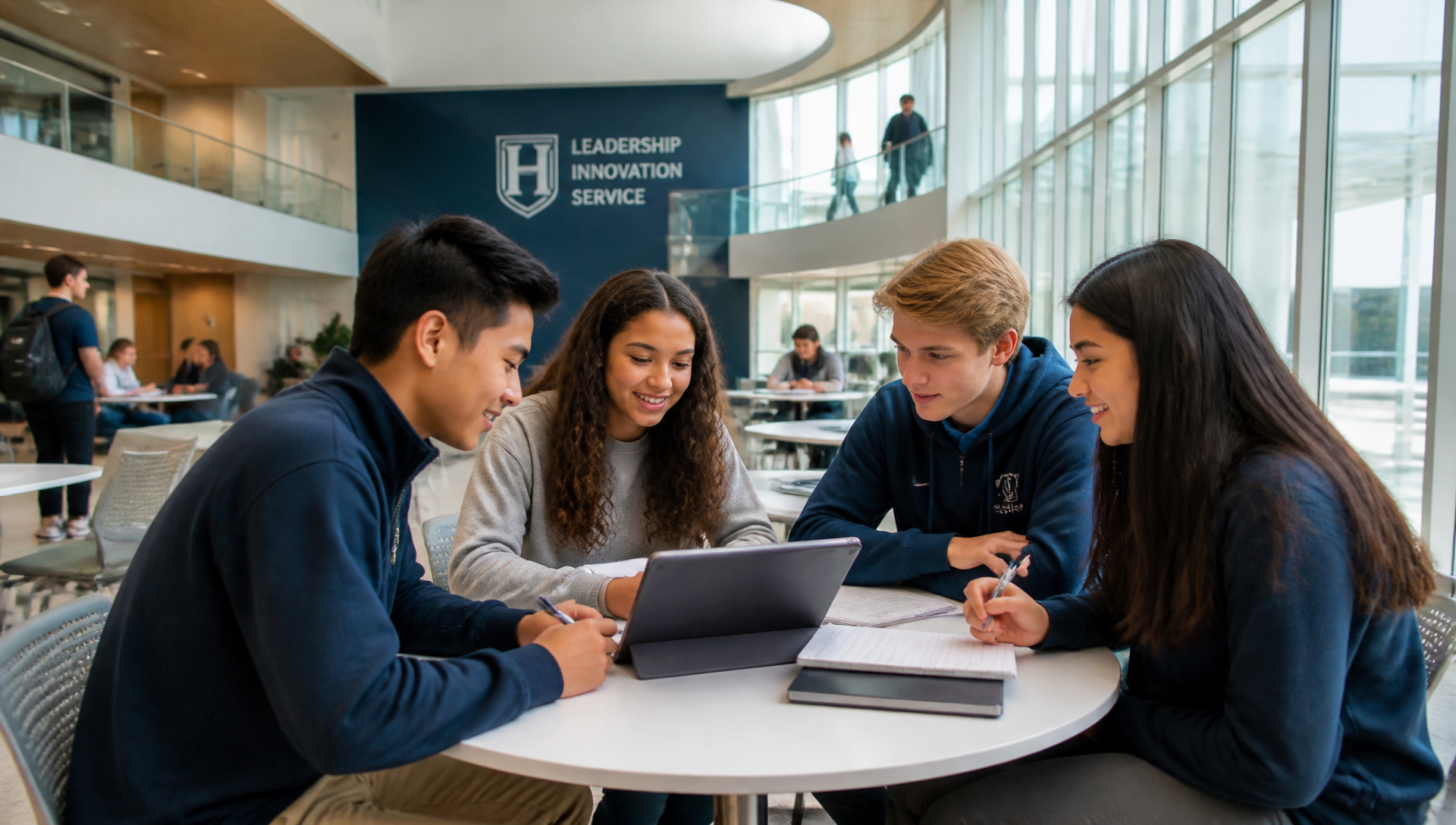 Diverse high school students discussing their university plans around a tablet in a bright modern school common space