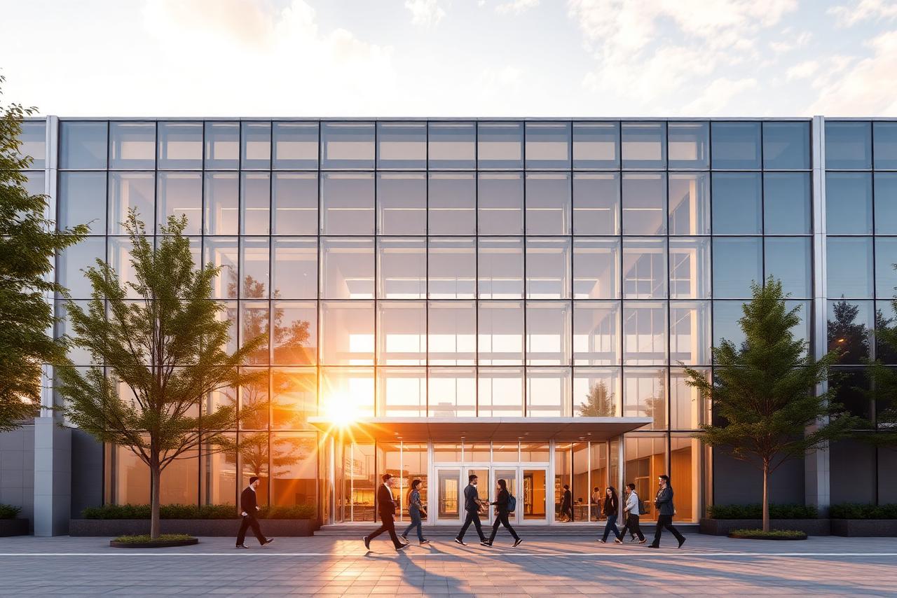 Modern high school building with students arriving